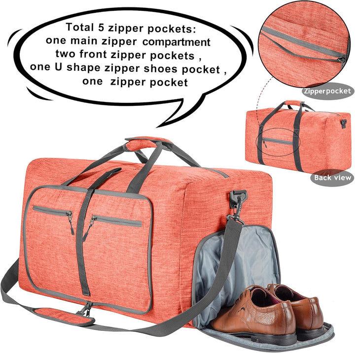 Vomgomfom 65L Reisetasche mit Schuhfach, Grosse Falttasche für Camping, Reisen, Fitness, Rosa K Rosa