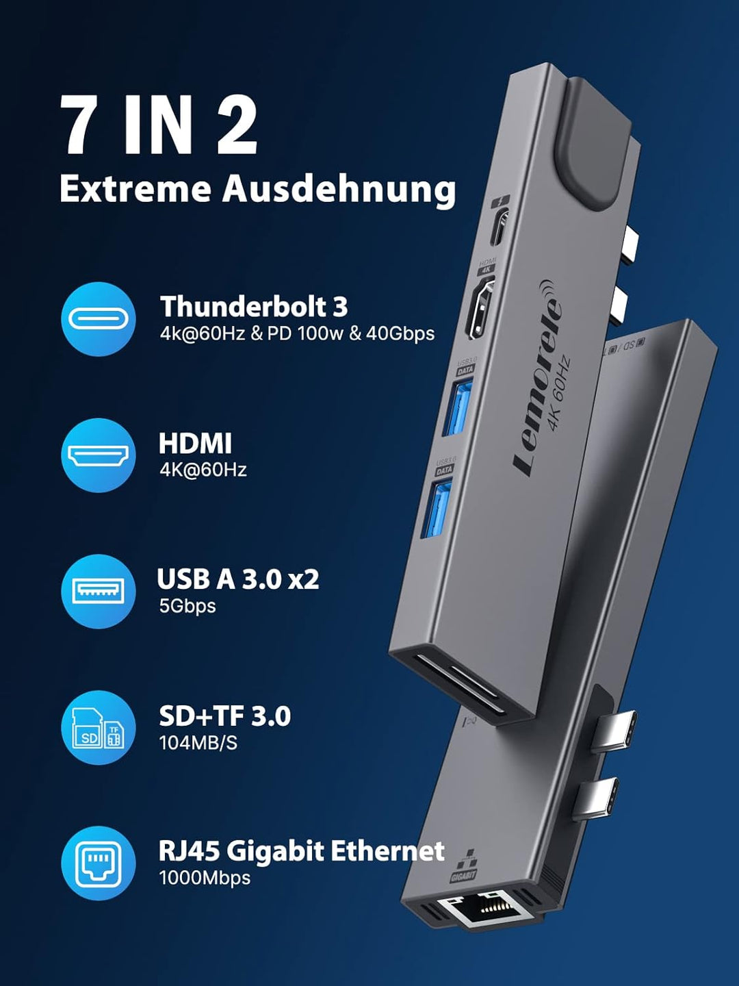 Lemorele USB C Hub Dual-HDMI 4K@60Hz für MacBook Air/Pro M1 Adapter 7 in 2 Aluminiumgehäuse mit Thun