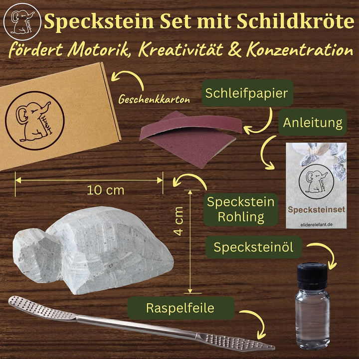 Eli® Speckstein Set - Schnitzset inkl. Schildkröte Rohling mit Werkzeug | Raspel - Schleifpapier - S