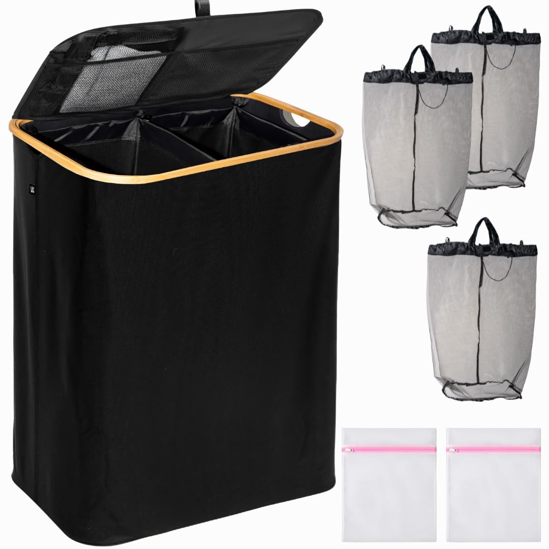 Wäschekorb schwarz 140L – Faltbar & mit Deckel – 2 Fächer + 3 Wäschesäcke & 2 Waschnetze – Aus Oxfor