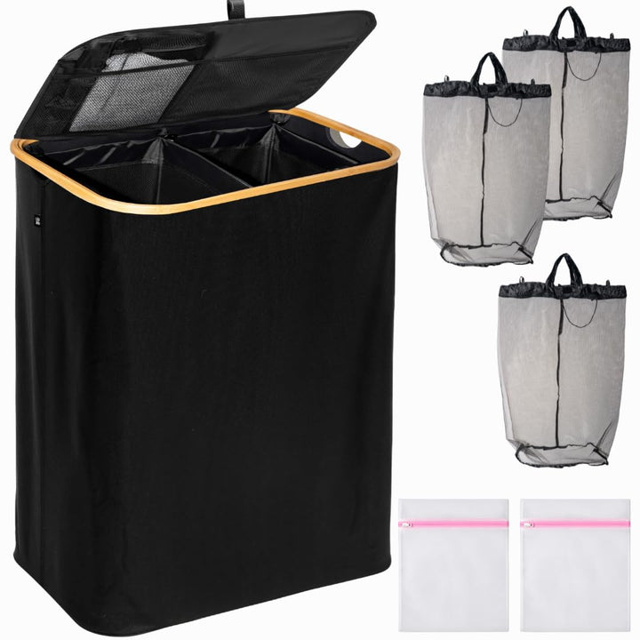 Wäschekorb schwarz 140L – Faltbar & mit Deckel – 2 Fächer + 3 Wäschesäcke & 2 Waschnetze – Aus Oxfor