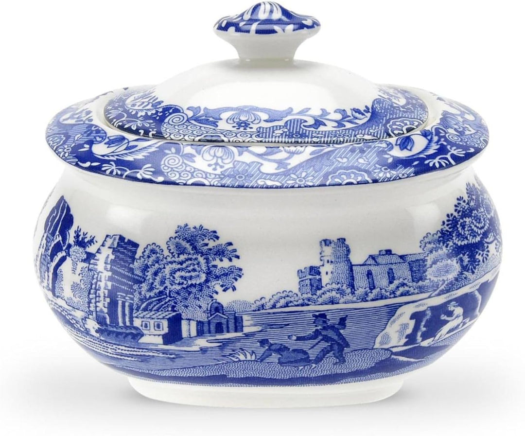 Spode Blaue italienische Zuckerdose mit Deckel.