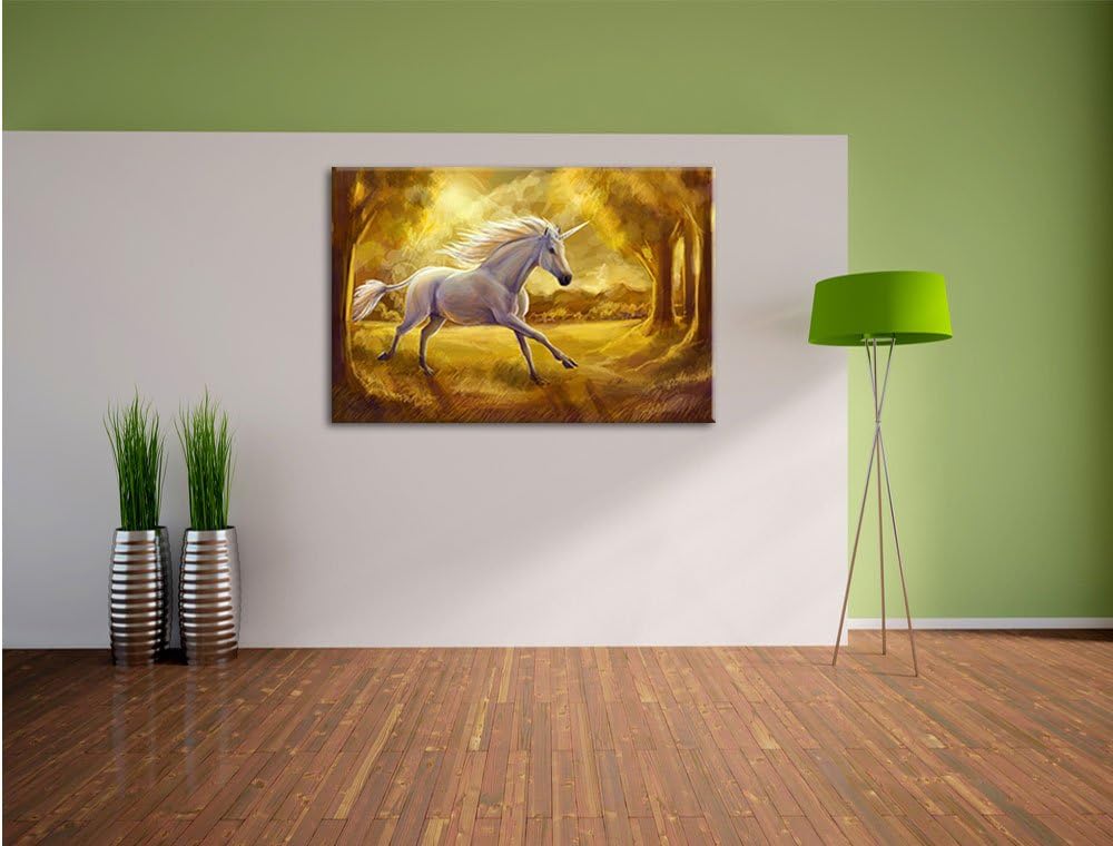 Pixxprint Einhorn im Wald / 100x70cm Leinwandbild bespannt auf Holzrahmen/Wandbild Kunstdruck Dekora