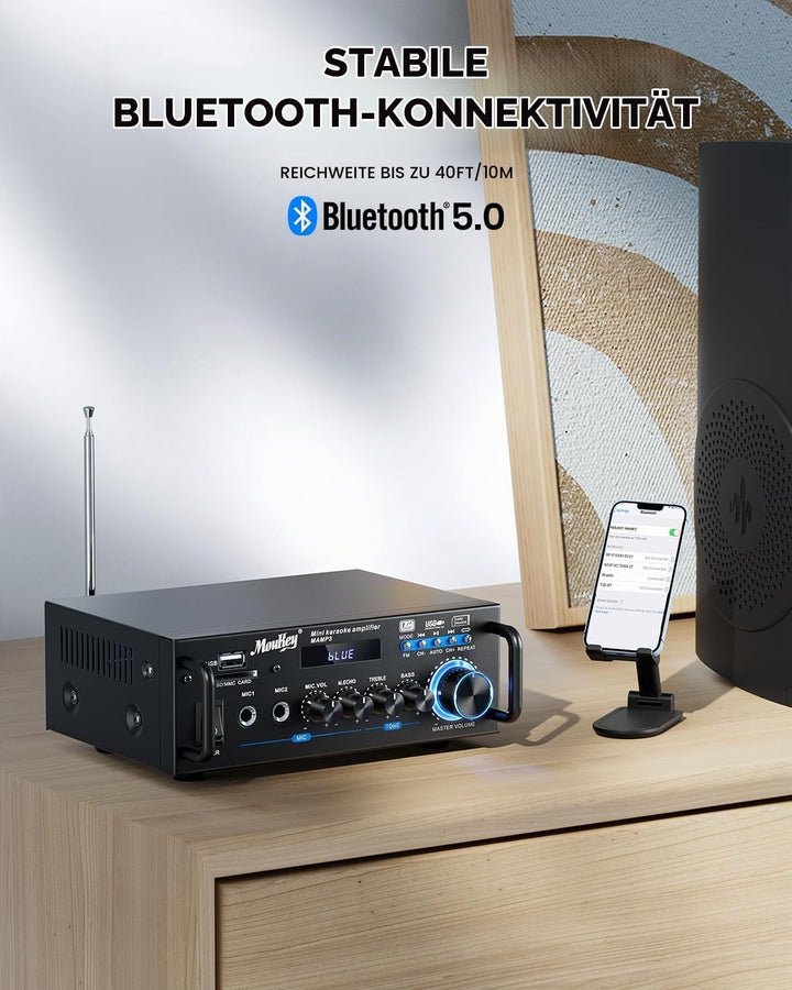 Moukey 2.0 Kanal Stereo Bluetooth Karaoke Verstärker, 100W Stereo Audio Verstärker Empfänger, Verstä