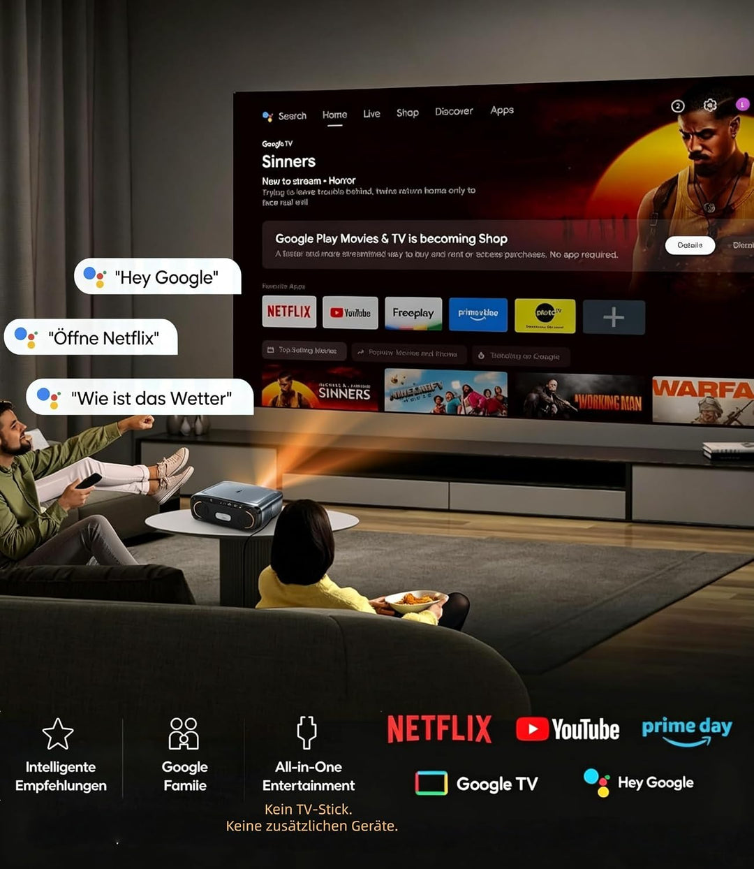 4K Smart Beamer mit Google TV – 2550 ANSI Lumen Tageslicht-Projektor, 70W Dolby Audio, ToF Autofokus