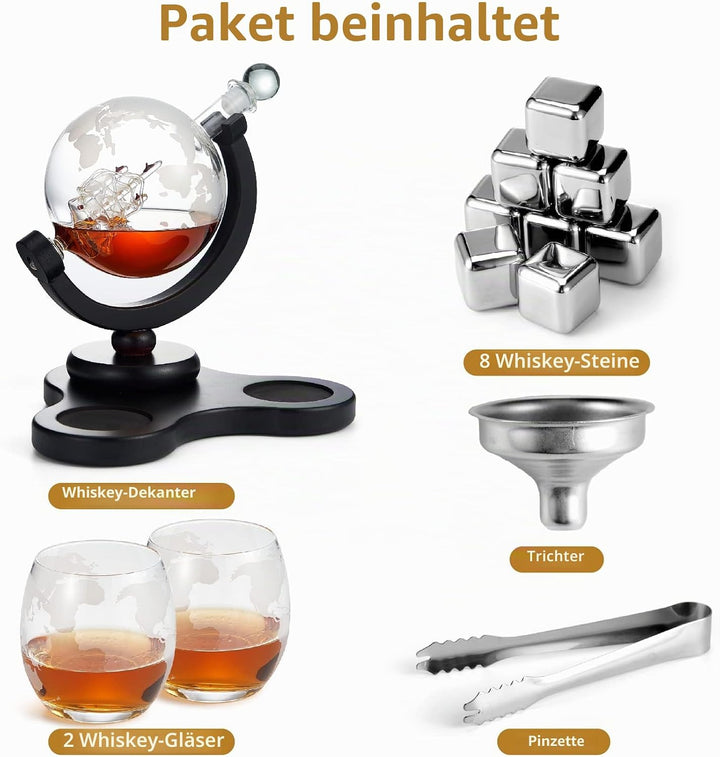 Zcoolo Whisky Decanter Set 850 ml Decanter, 2 Engraved Ball Glasses, Stainless Steel Funnel and 8 St