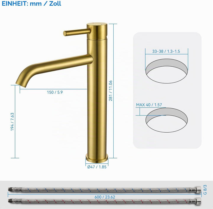 Waschtischarmatur Hoch, Wasserhahn Bad Gold für Aufsatzwaschbecken, Armatur Badezimmer Waschbecken,