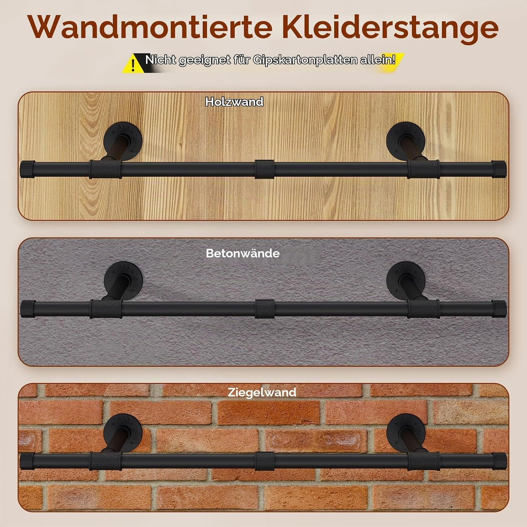 IBUYKE 94cm Kleiderstange Wandmontage, Metall Industrierohr Garderobenstange Wandmontage mit 50kg Tr