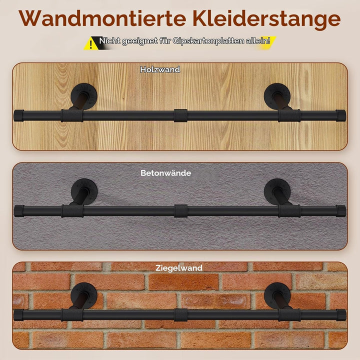 IBUYKE 94cm Kleiderstange Wandmontage, Metall Industrierohr Garderobenstange Wandmontage mit 50kg Tr