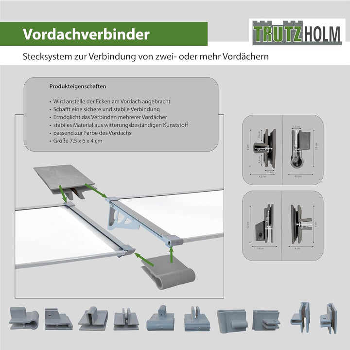 TrutzHolm® Aluminium Vordach Haustürvordach Pultvordach 150 x 90 cm Schneelast 95kg | Polycarbonatpl