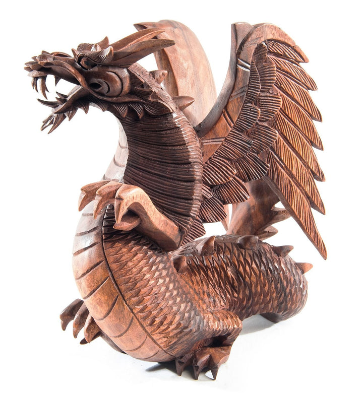 Windalf Handarbeit Holzfigur Drache BRAINN 30 cm Stehender Holz-Drache mit Flügeln Glücksbringer Sch