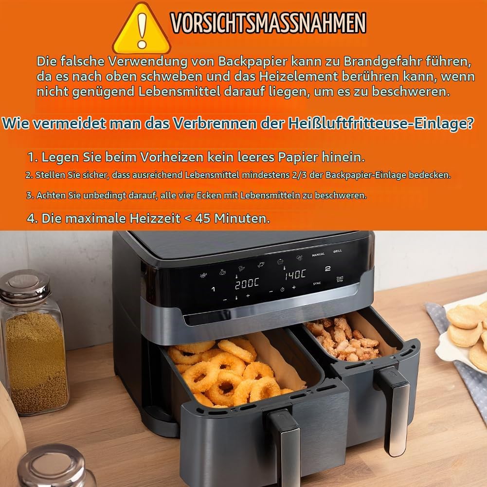 BYKITCHEN 100 Stück Airfryer Backpapier für Tefal Dual Easy Fry XXL Doppelkammer-Heissluftfritteuse,