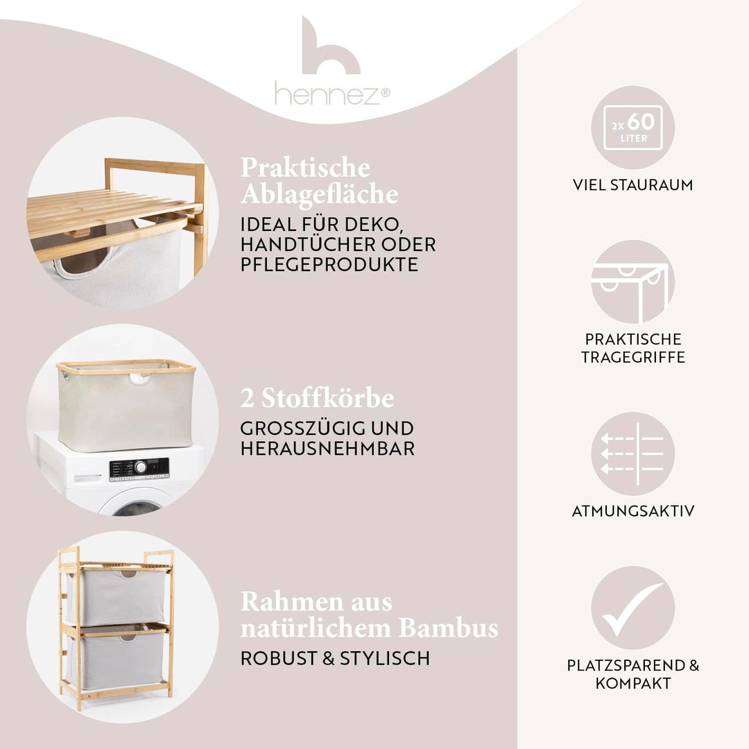 HENNEZ Badezimmerregal 2 Fächer | Bambusregal mit Ablage und 2 Körben | Badregal mit Schubladenboxen