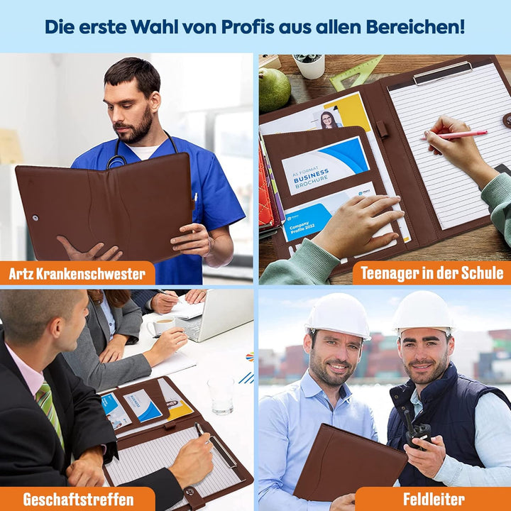 AMKSONS Schreibmappe A4 in Braun inklusive Klemmbrett & DIN A4 Notizblock - Premium Konferenzmappe a