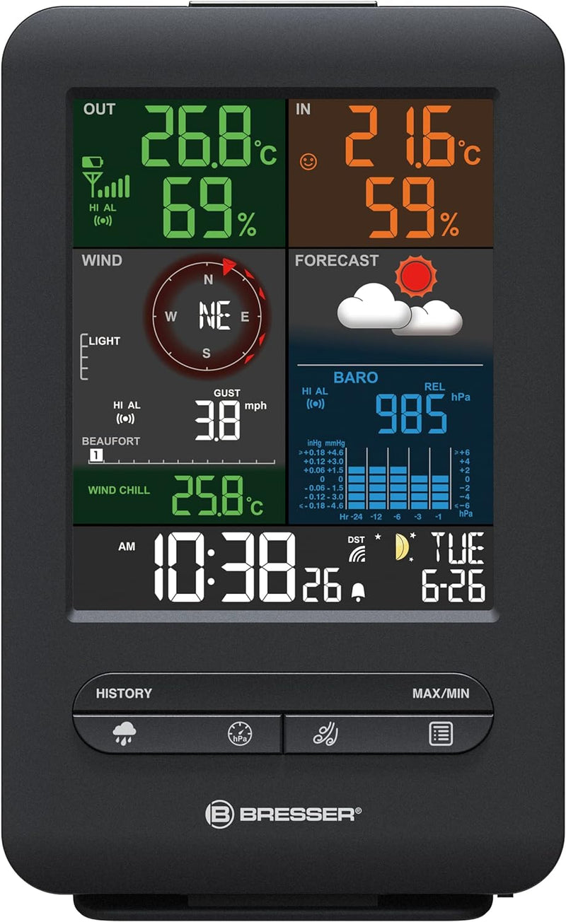 Bresser Wetterstation Funk mit Aussensensor Wetter Center 5-in-1 Beaufort mit grossem Farbdisplay, S