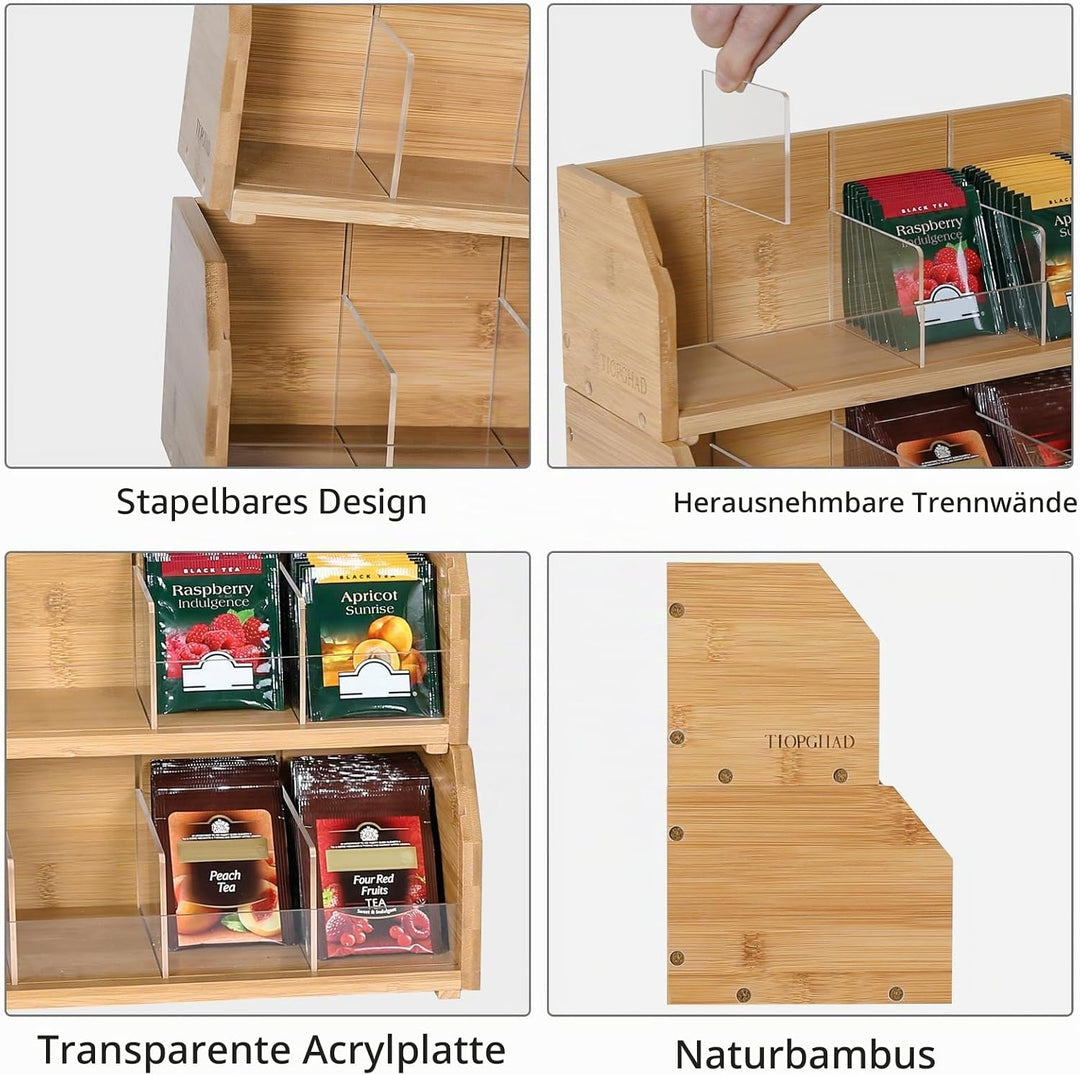 Teebeutel, 2-lagig, stapelbar, Bambus-Organizer, Teebeutel, Aufbewahrungshalter, Teebeutel-Station f