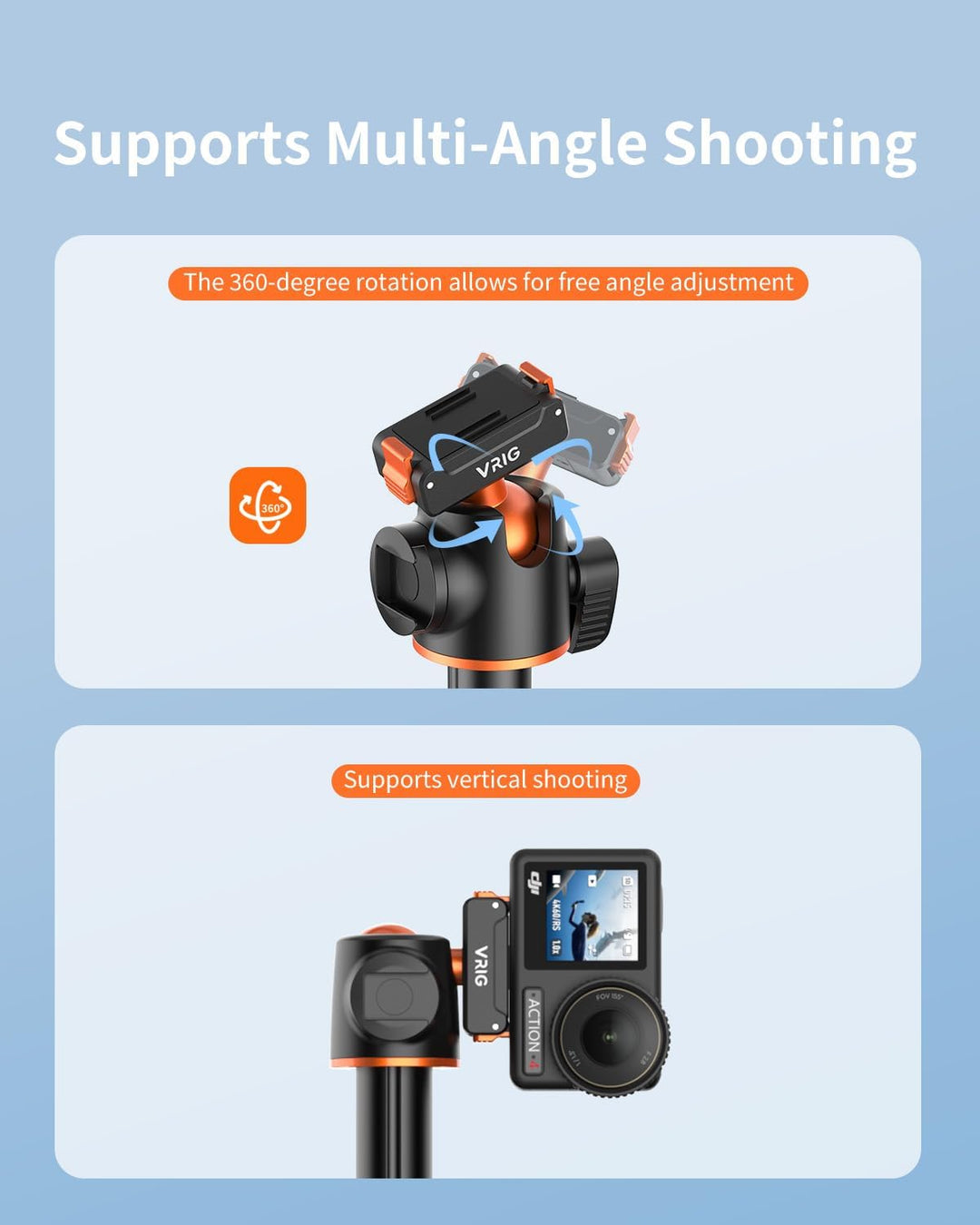 VRIG AC-40S Selfie Stick Stativ für DJI Osmo Action 5 Pro, Länge 33 bis 140 Zentimeter, 1/4-Zoll-Sch