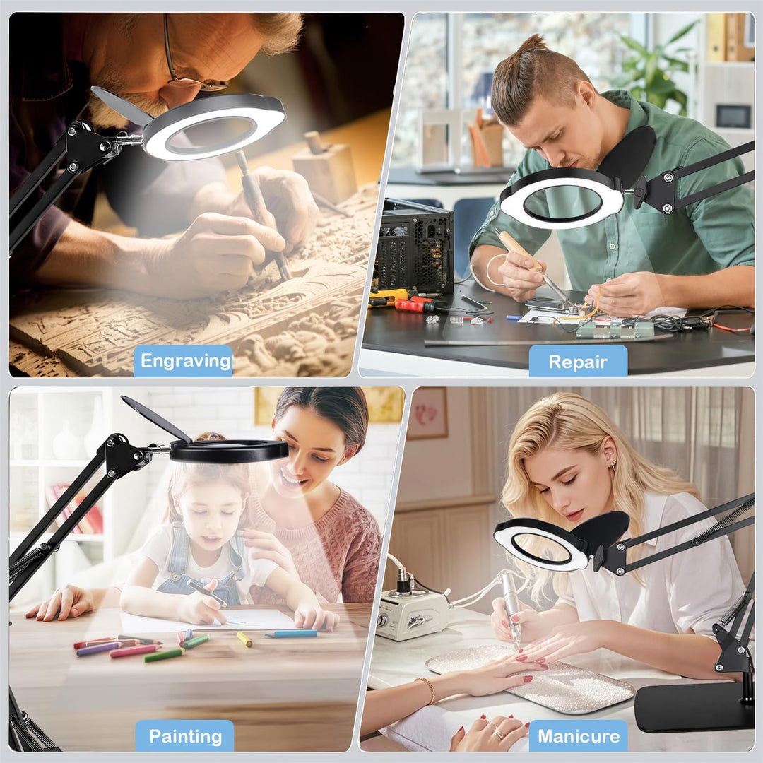 15X Magnifying Glass with Light and Clamp, LED Magnifying Lamp with Base, 5 Color Modes & 10 Brightn