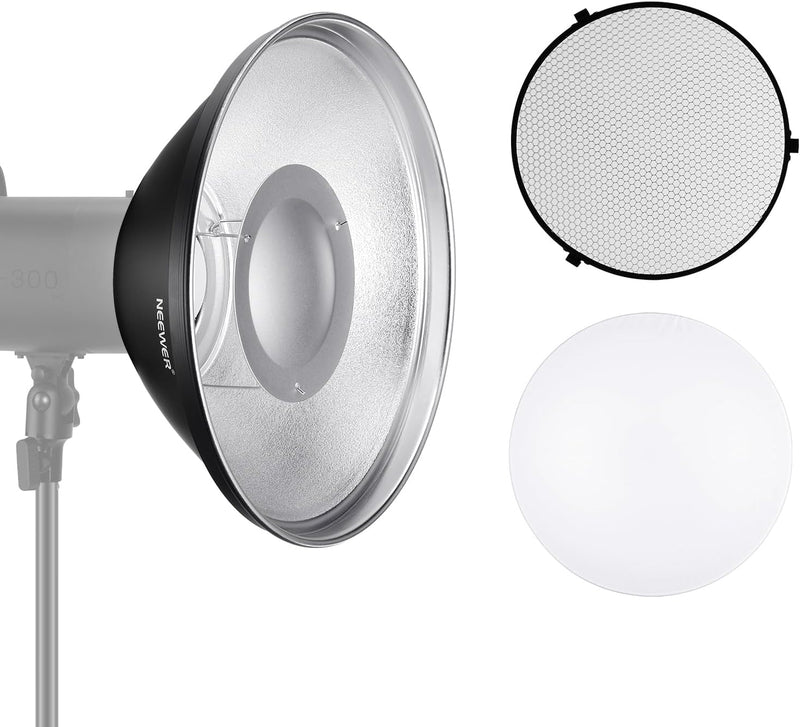 NEEWER 30cm Metall Beauty Dish Bowens Mount Reflektor Set mit weissem Diffusor, Honeycomb Grid für S