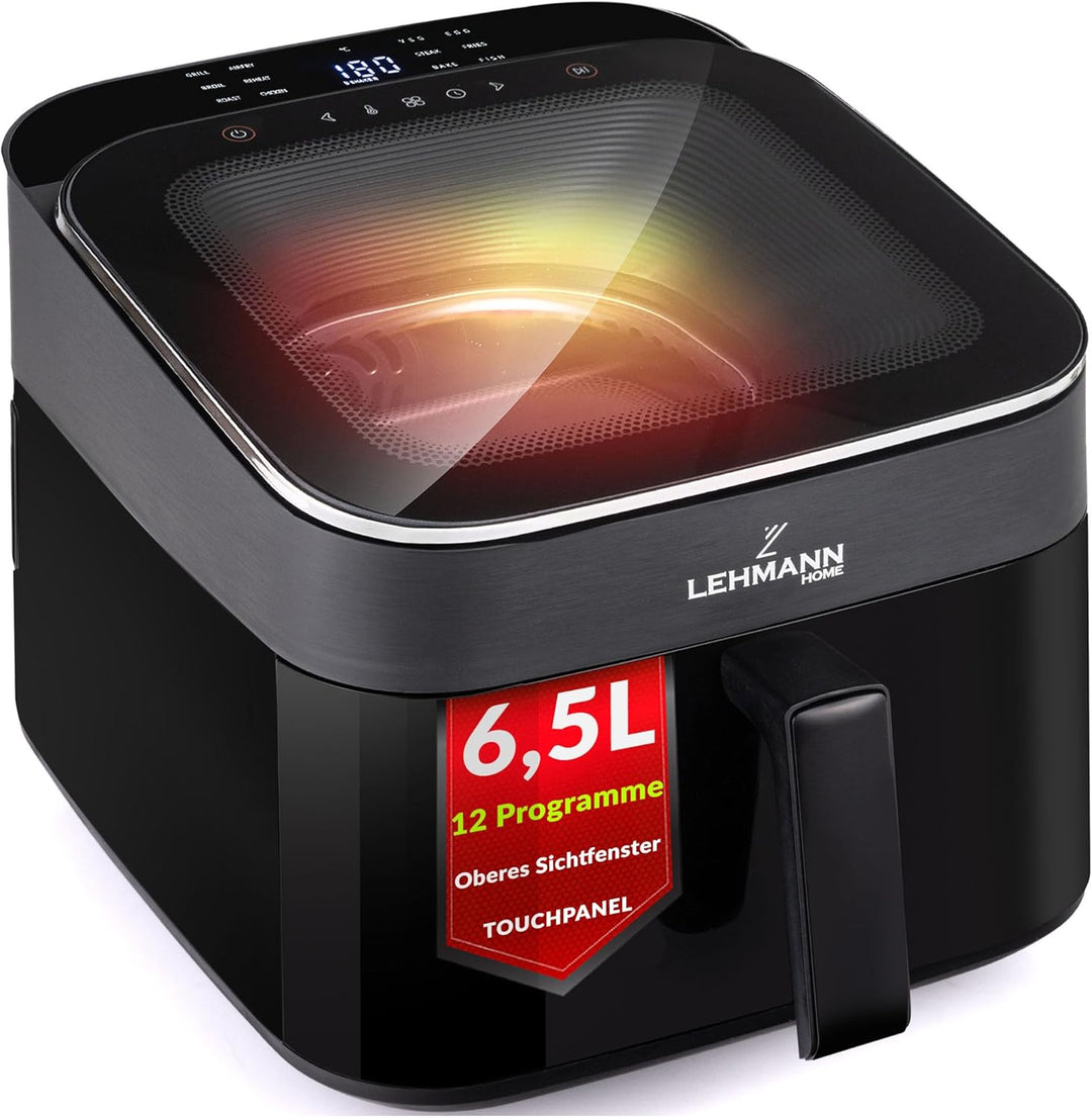 LEHMANN XL Heissluftfritteuse 6,5L, Airfryer mit oberem Panorama-Sichtfenster & Beleuchtung, Touchdi