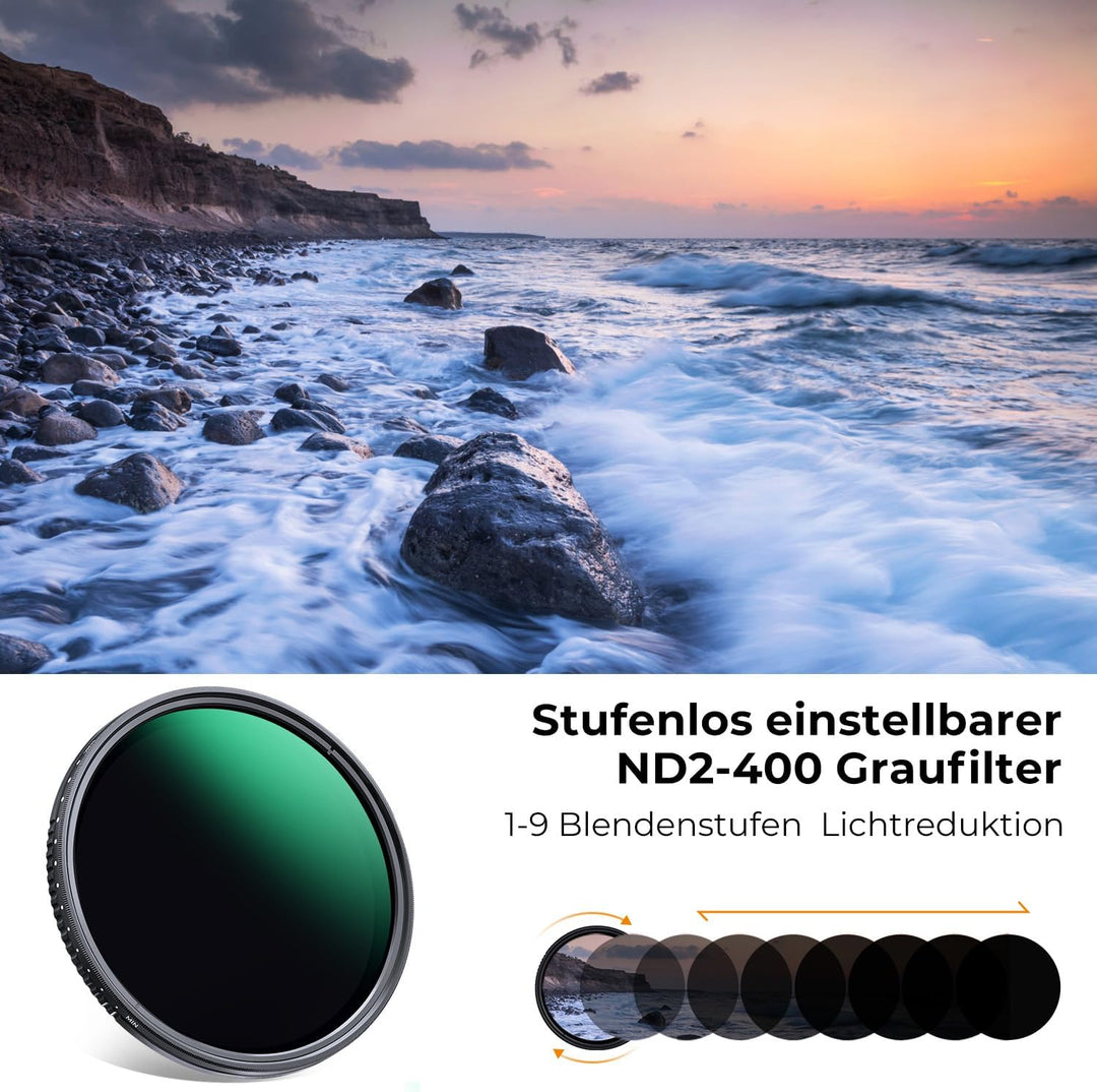 K&F Concept Nano D-Serie ND Filter 77mm Variabler Graufilter ND2-ND400 (1-9 Blendenstufen), 77mm