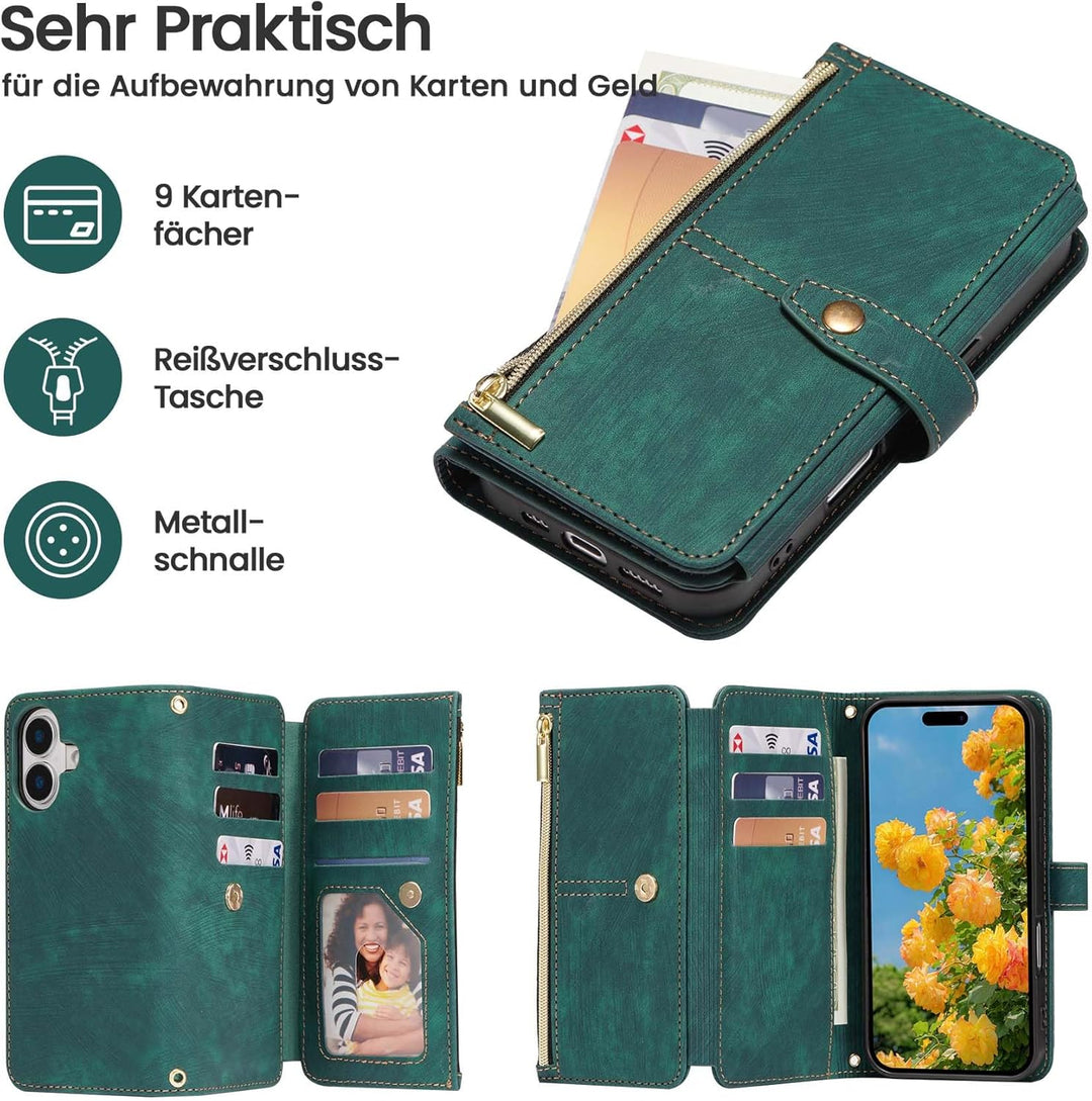 ZCDAYE Hülle für iPhone 16 mit Band Handykette, Leder iPhone 16 Handyhülle Handytasche mit Kartenfäc