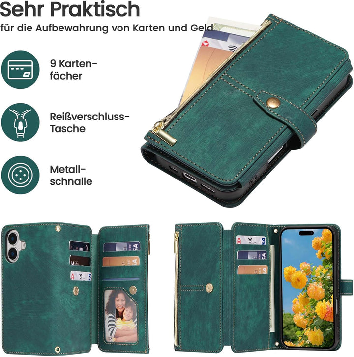 ZCDAYE Hülle für iPhone 16 mit Band Handykette, Leder iPhone 16 Handyhülle Handytasche mit Kartenfäc