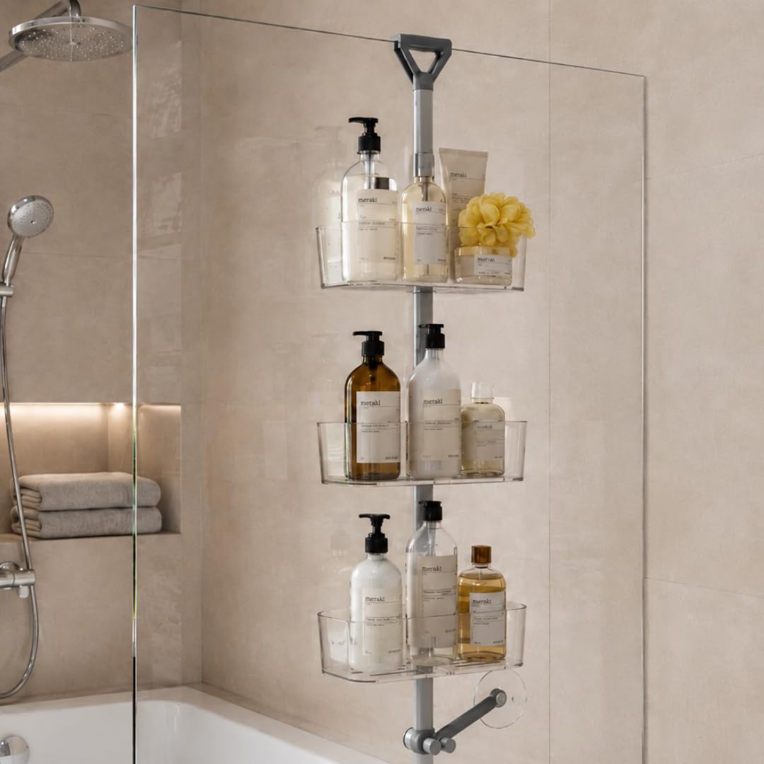 Aspira Home 3-stufiges Duschregal, verstellbar, Transparent mit Haken Set, Transparent