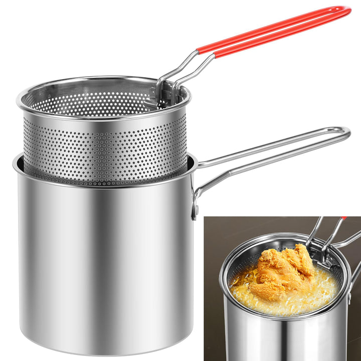 Fritteuse mit Korb, 304 Edelstahl, Fritteusentopf mit Siebkorb, 1200 ml, Mini-Ölfritteuse mit Griff,