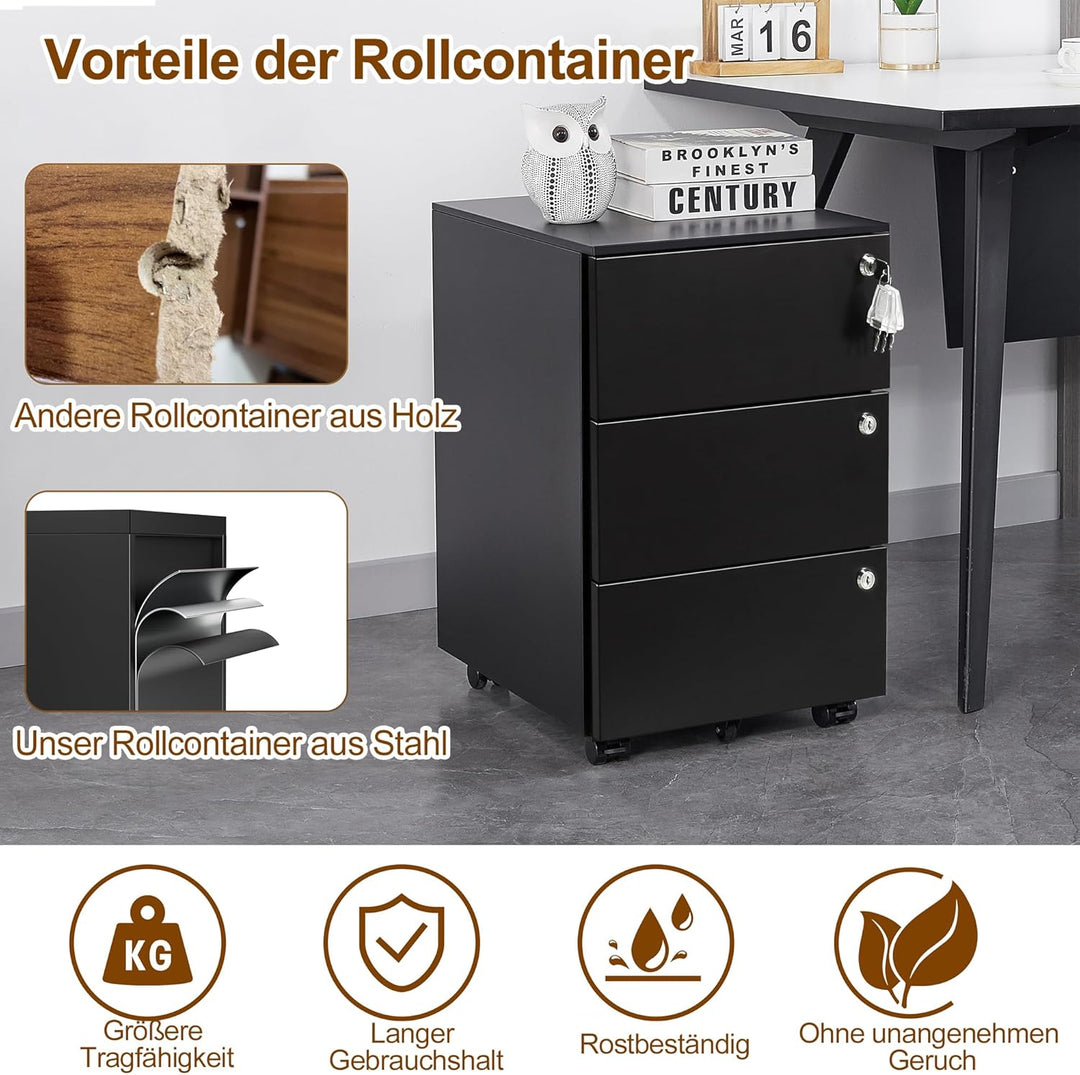 Rollcontainer, Mobiler Aktenschrank mit 3 Schlössern, 4 Schlüssel, 3 Schubladen, Rollcontainer Schre