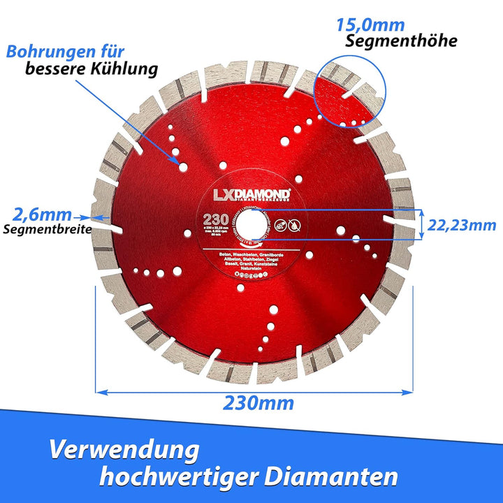 LXDIAMOND Diamant-Trennscheibe 230mm x 22,23mm - Segment 15mm - für Hartgestein Kunststeine Stein Zi