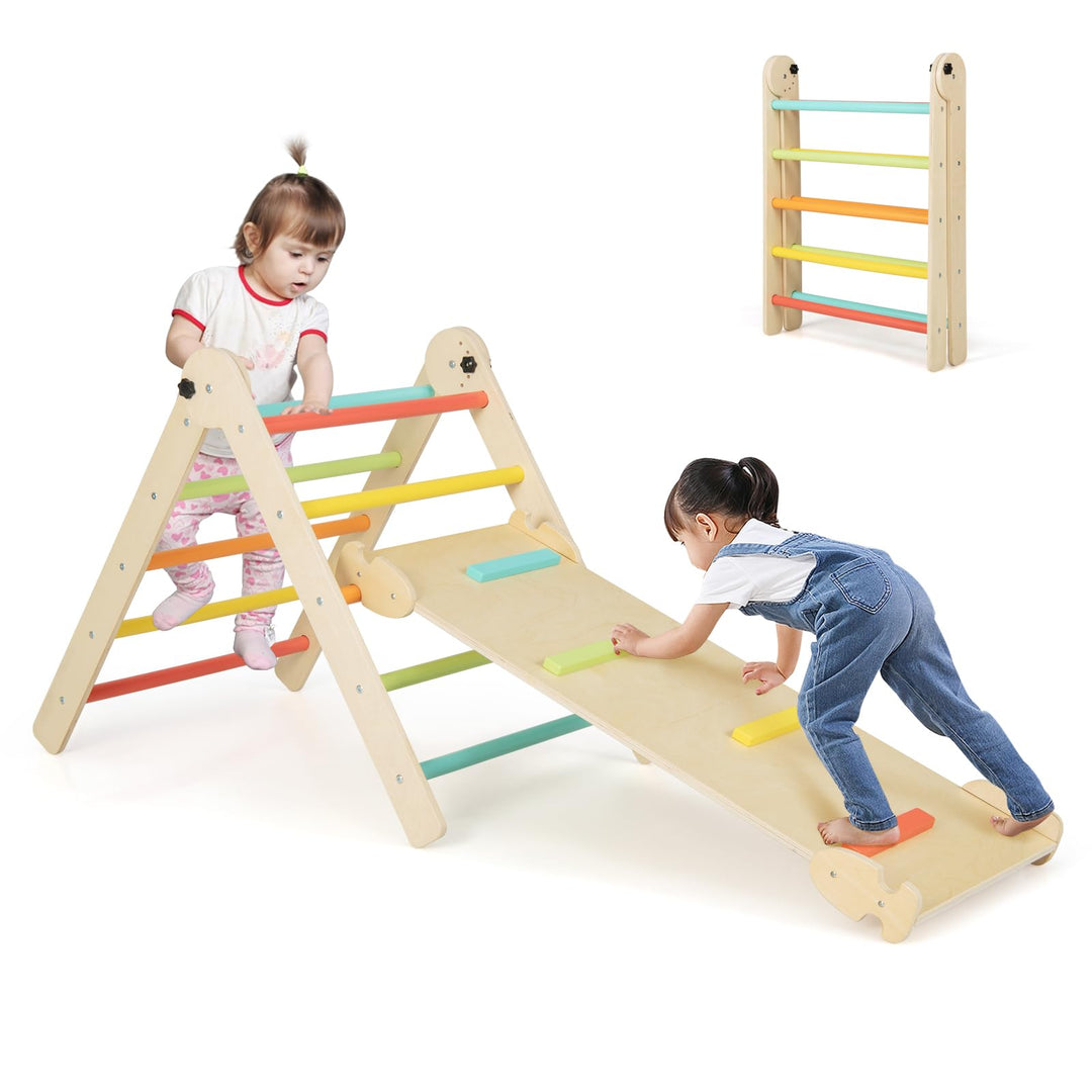 COSTWAY Kletterdreieck mit Rutsche, Sprossendreieck Holz klappbar & höhenverstellbar, inkl. doppelse
