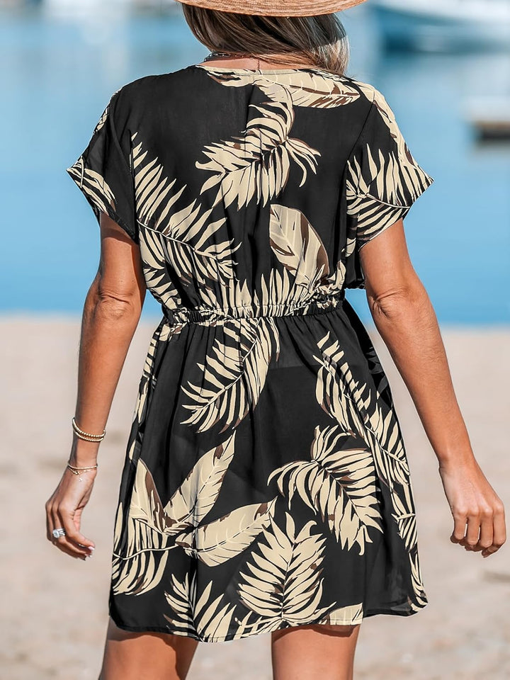 CUPSHE Damen Bikini Cover Up Strandkleid V Ausschnitt Kurzarm Blätter Print Seitenschlitz Sommer Bea