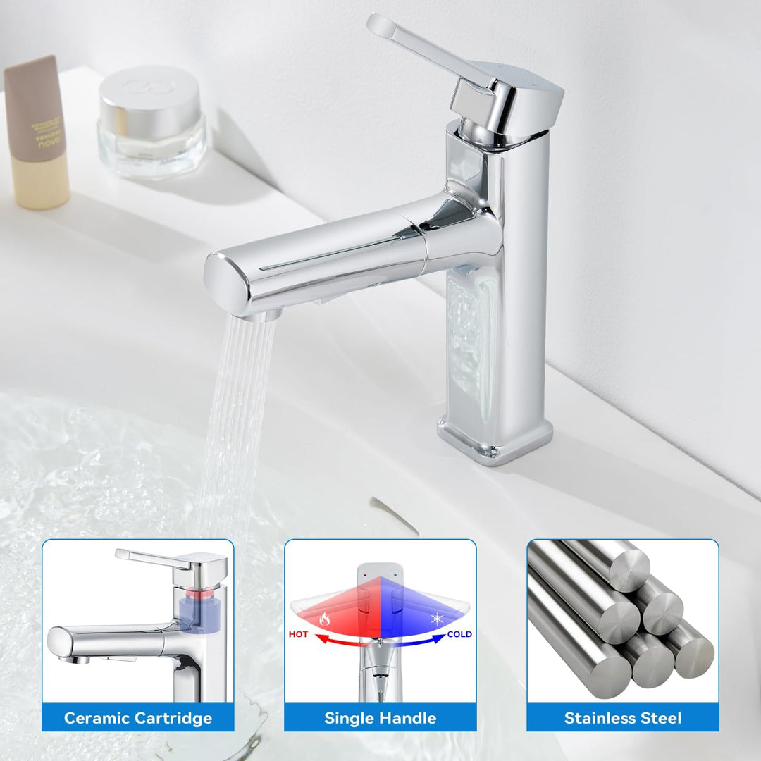 Wasserhahn Bad mit Ausziehbar Brause, Armatur Badezimmer Chrom, Waschtischarmatur mit 2 Strahlarten,