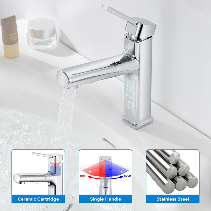 Wasserhahn Bad mit Ausziehbar Brause, Armatur Badezimmer Chrom, Waschtischarmatur mit 2 Strahlarten,