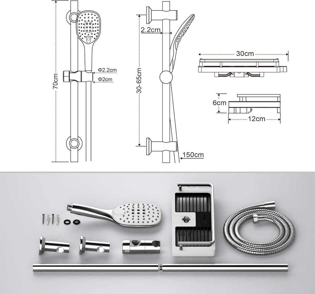 Görbach Duschset Rail Shower kit Handbrause Duschstange mit Duschkopfhalter Duschablage/Seifenschale