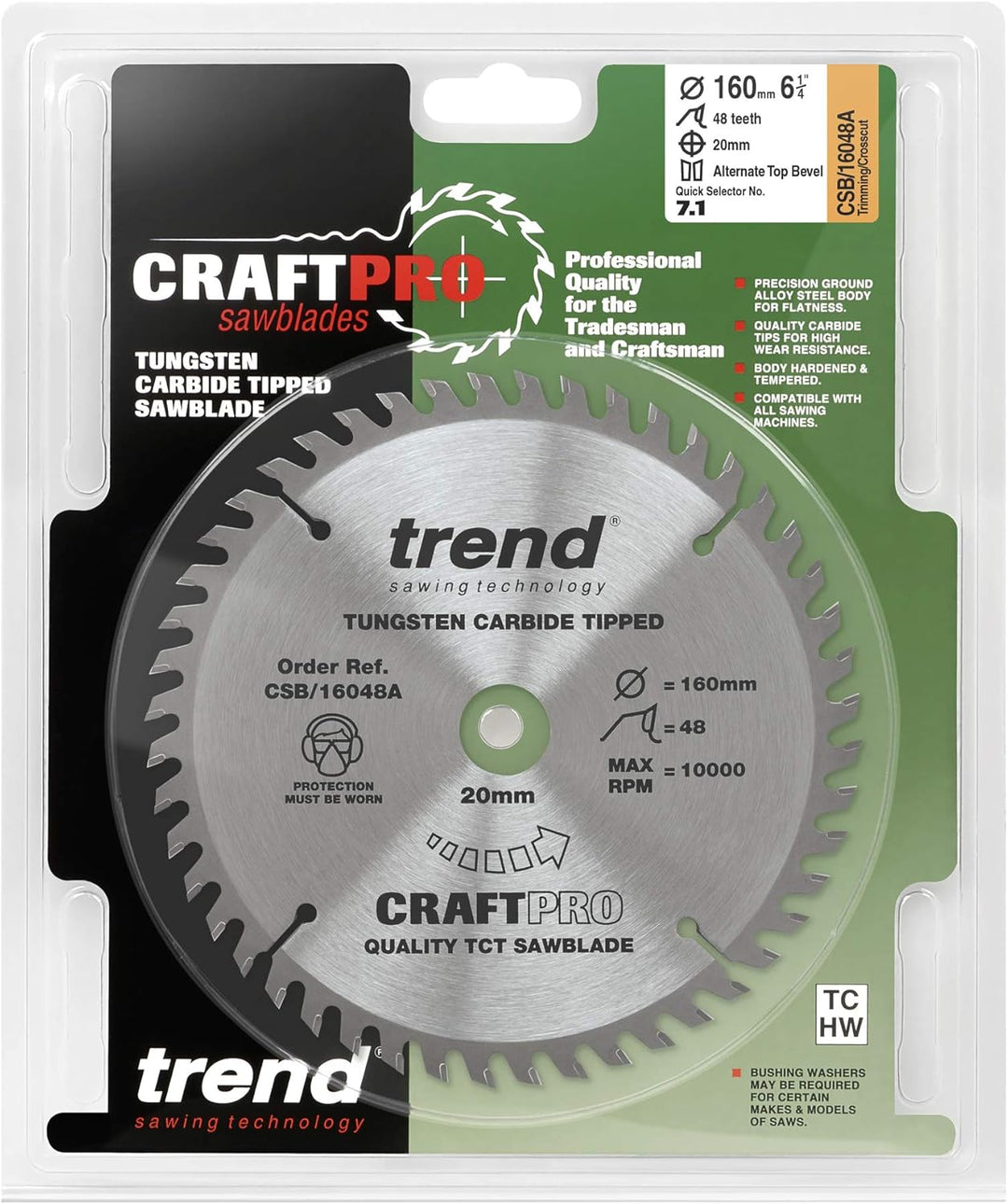 Trend CraftPro TCT Kreissägeblatt, 160mm Durchmesser x 20mm Bohrung x 48 Zähne, feines Feinschnitt-S