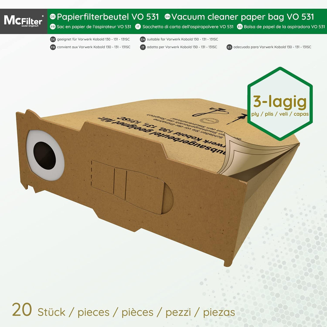 McFilter | 20 Staubsaugerbeutel geeignet für Staubsauger Vorwerk Kobold 130, 131 und SC-Modelle, ext