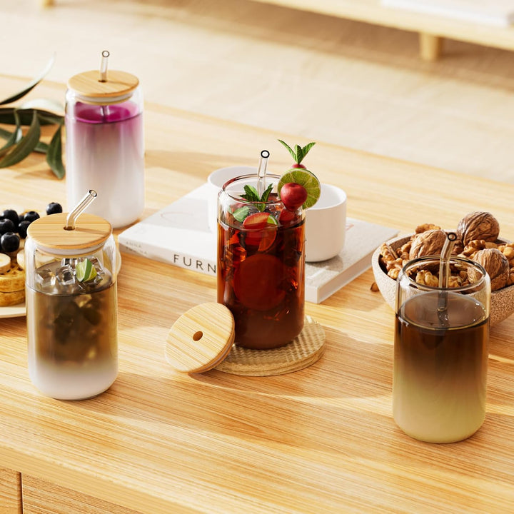 FINEW Gläser mit Deckel und Strohhalm 4 Stück, 16oz/450ml Eiskaffee Gläser, Cocktailgläser, Iced Cof