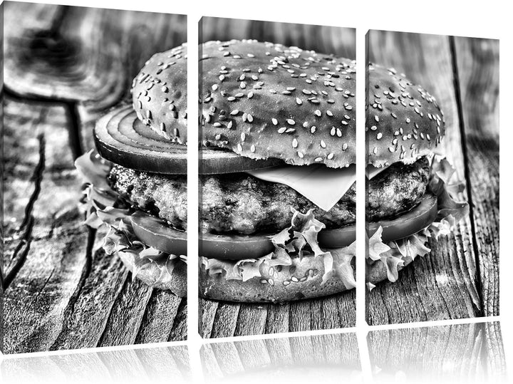 Pixxprint Monocrome, Leckerer Cheeseburger 3-Teiler Leinwandbild 120x80 Bild auf Leinwand
