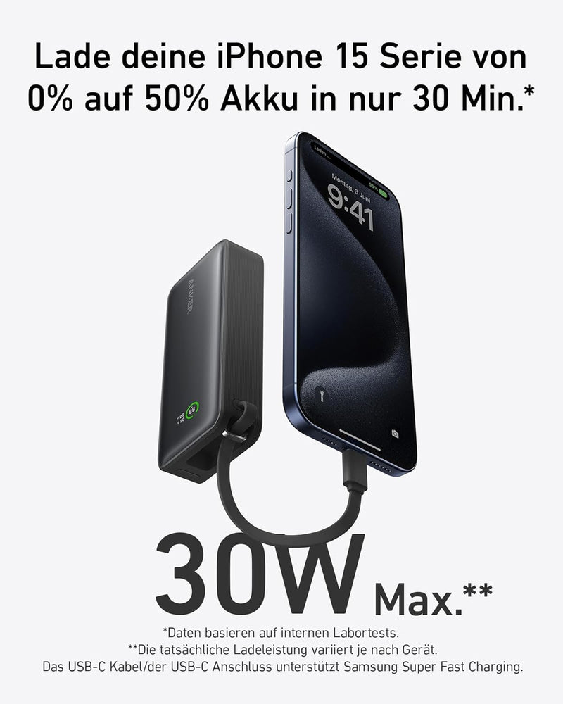 Anker Nano Powerbank,10.000mAh Powerbank mit eingebautem USB-C Kabel, PD 30W Höchstleistung mit 1x U