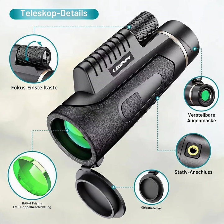 Monokular Teleskop 12x50, HD Monokulars Fernglas mit Smartphone Halterung Stativ, FMC BAK4 Prisma Wa