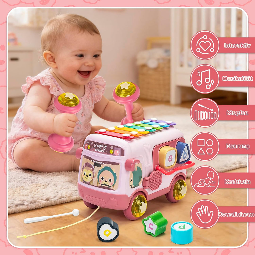 Spielzeug Geschenk ab 1 Jahr Mädchen, Musikalischer Bus mit Xylophon Motorikwürfel Rassel Rad, Baby
