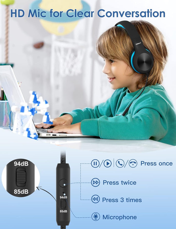 Kinder Kopfhörer, Kopfhörer Kinder mit Kabel, 85/94dB Lautstärkegrenze, HD-Ton, Sharing-Funktion, Ve