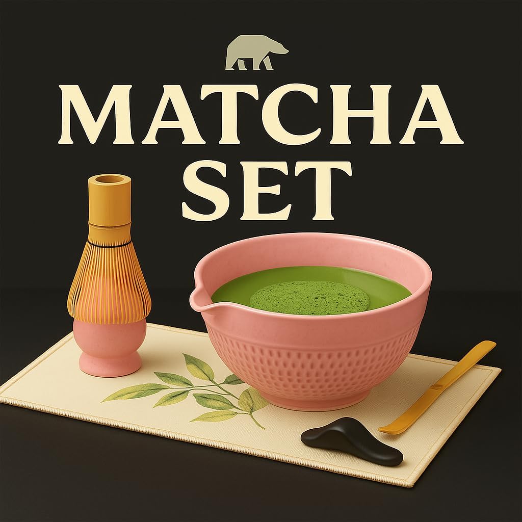 Matcha Set 7-teilig – Premium Tee Set mit Keramik Matcha Schale, Bambus Schneebesen (Chasen), Sieb &