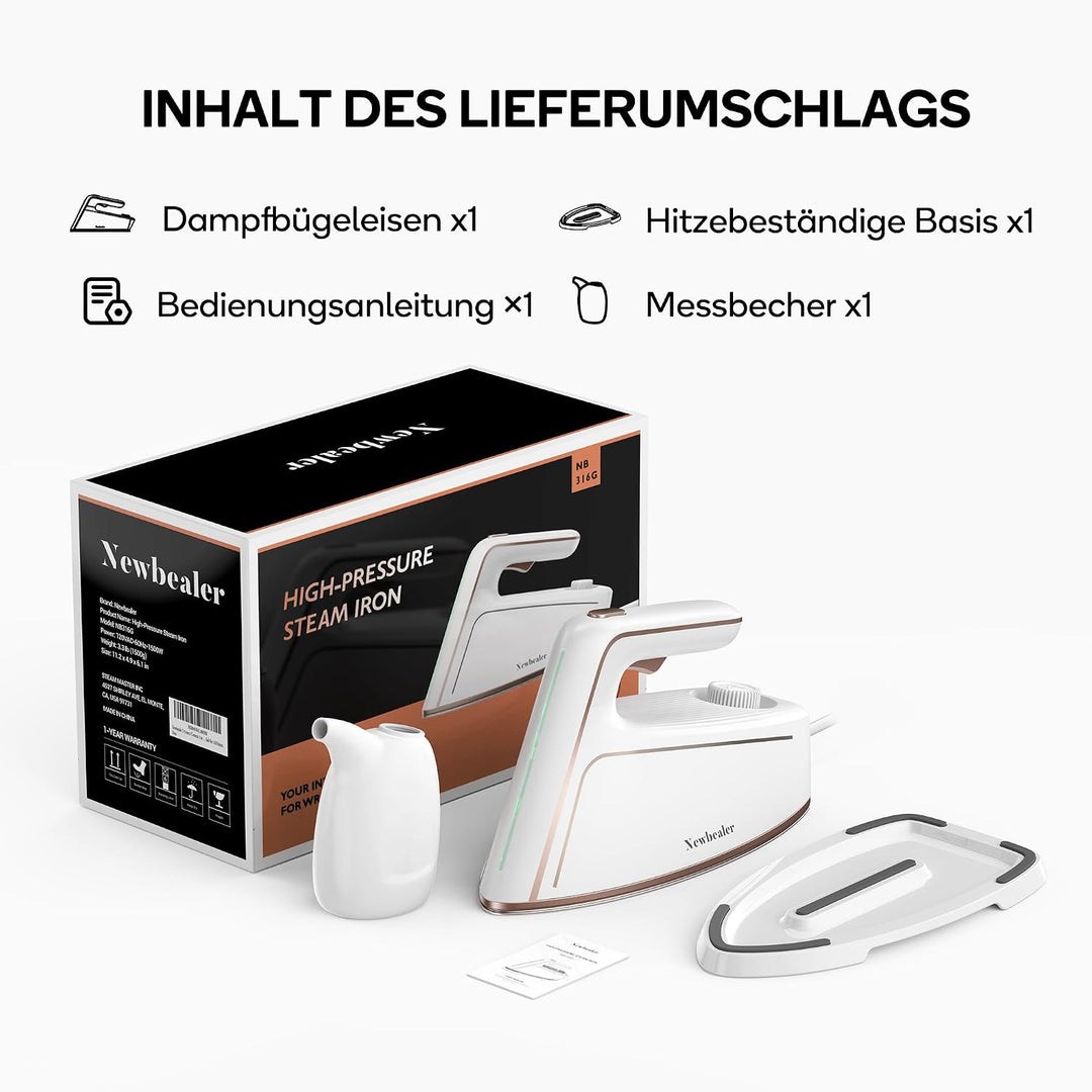 Newbealer Dampfbügeleisen, 1500W Bügeleisen, 5 Bar Dampfdruck, 250 ml Wassertank, max. 100 g/min Dam