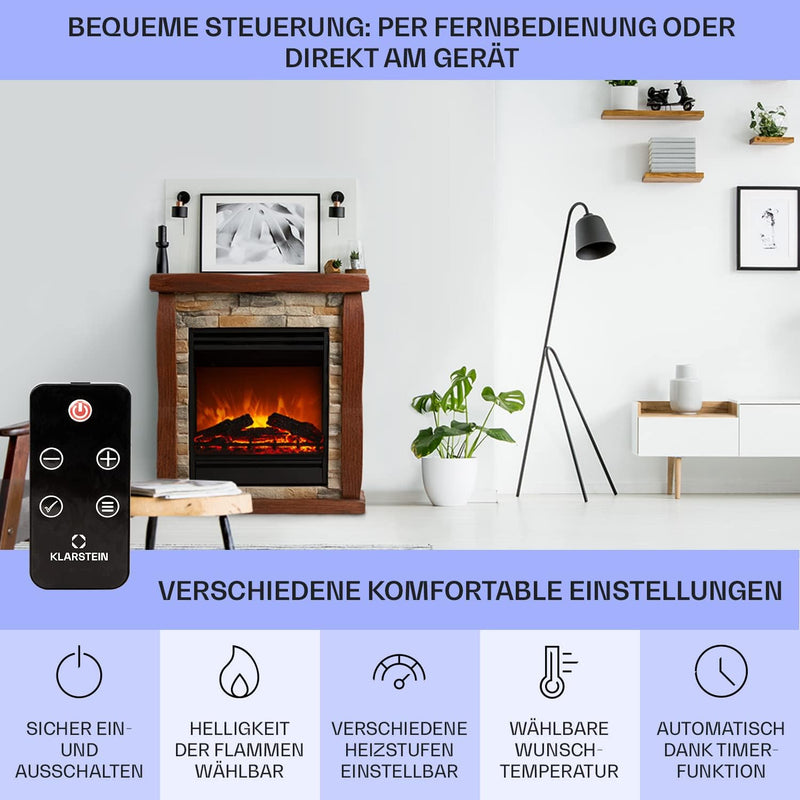 Klarstein Lienz Elektrischer Kamin mit LED-Flammeneffekt, 1800 W, 2 Heizstufen: 900/1800 W, OpenWind