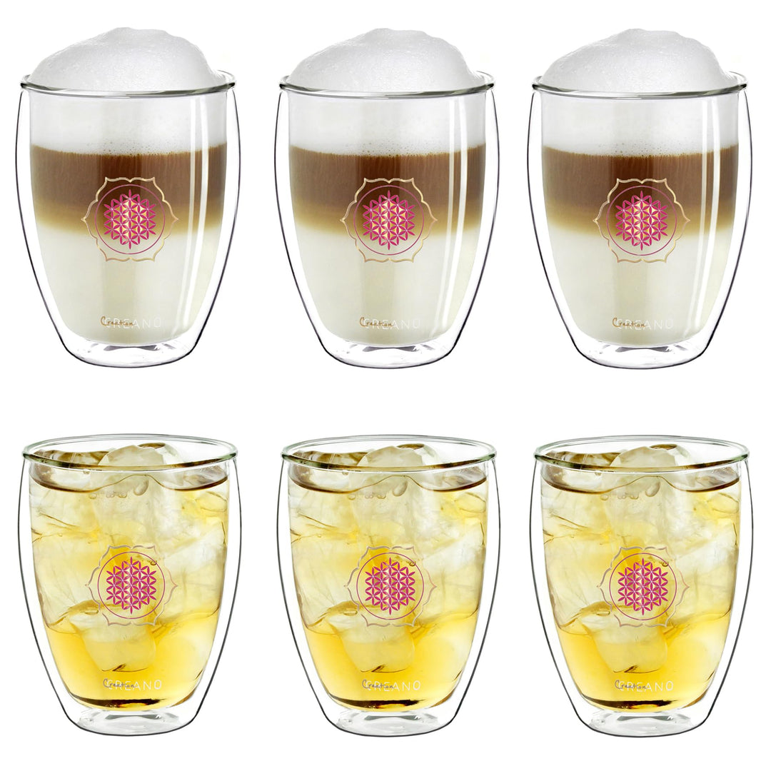 Creano doppelwandiges Tee-Glas, Latte Macchiato, Thermobecher Blume des Lebens | 250ml, in exklusive