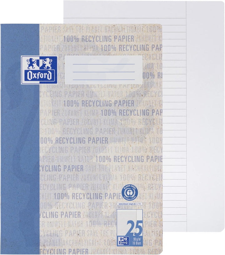 Oxford Recycling Schulheft A4, kariert mit Rand, Lineatur 26, 16 Blatt, 5 Stück & Recycling Schulhef