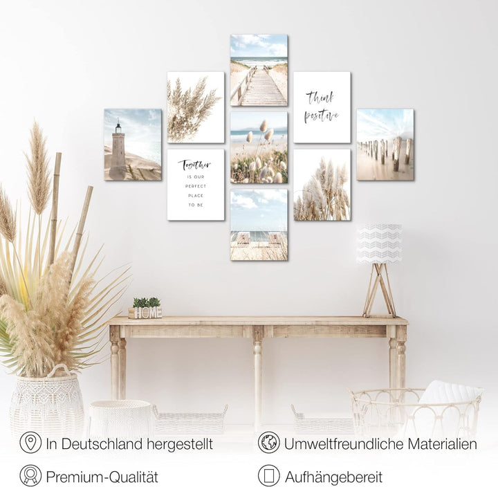 Novart Wandbilder Strand Meer - KOMPLETT AUFHÄNGFERTIG - Pampas Wohnzimmer Schlafzimmer- 9 Moderne M